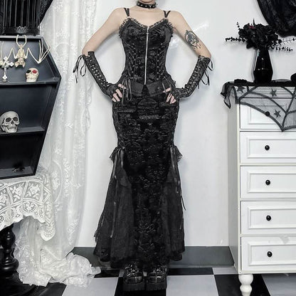 Lace hem lace up zip-up maxi skirt