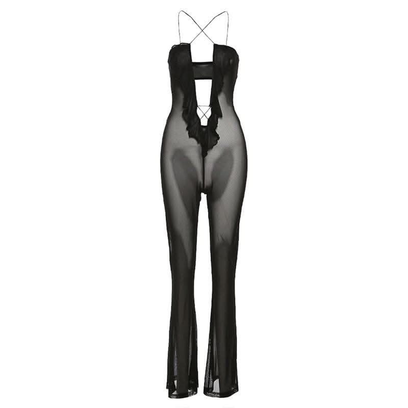 Sheer mesh solid ruffle see through cross front jumpsuit-final-sale