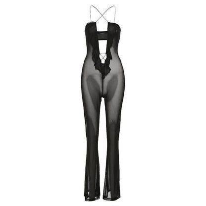 Sheer mesh solid ruffle see through cross front jumpsuit-final-sale
