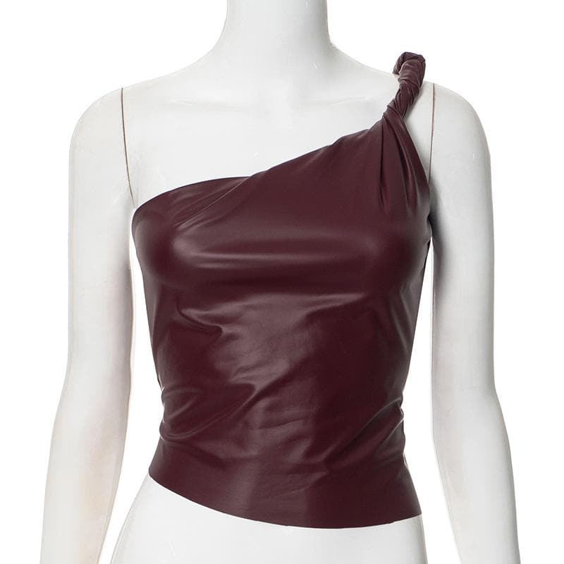 One shoulder PU leather ruched backless top