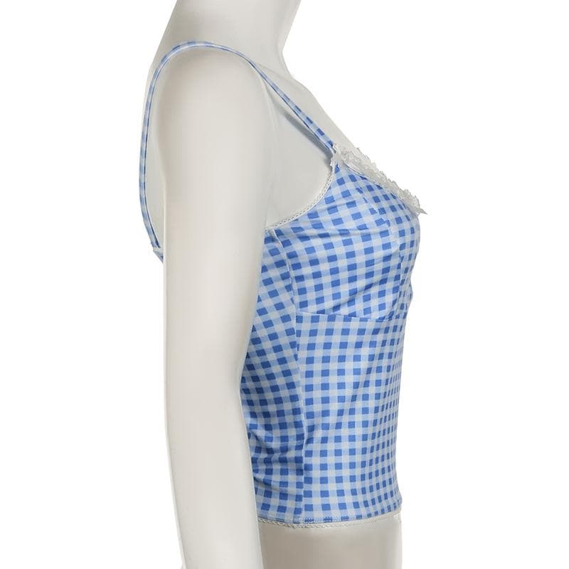 Lace hem plaid backless bowknot cami top