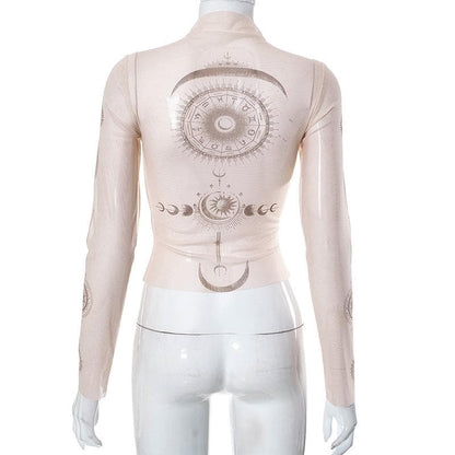 Sheer mesh abstract contrast see through long sleeve top