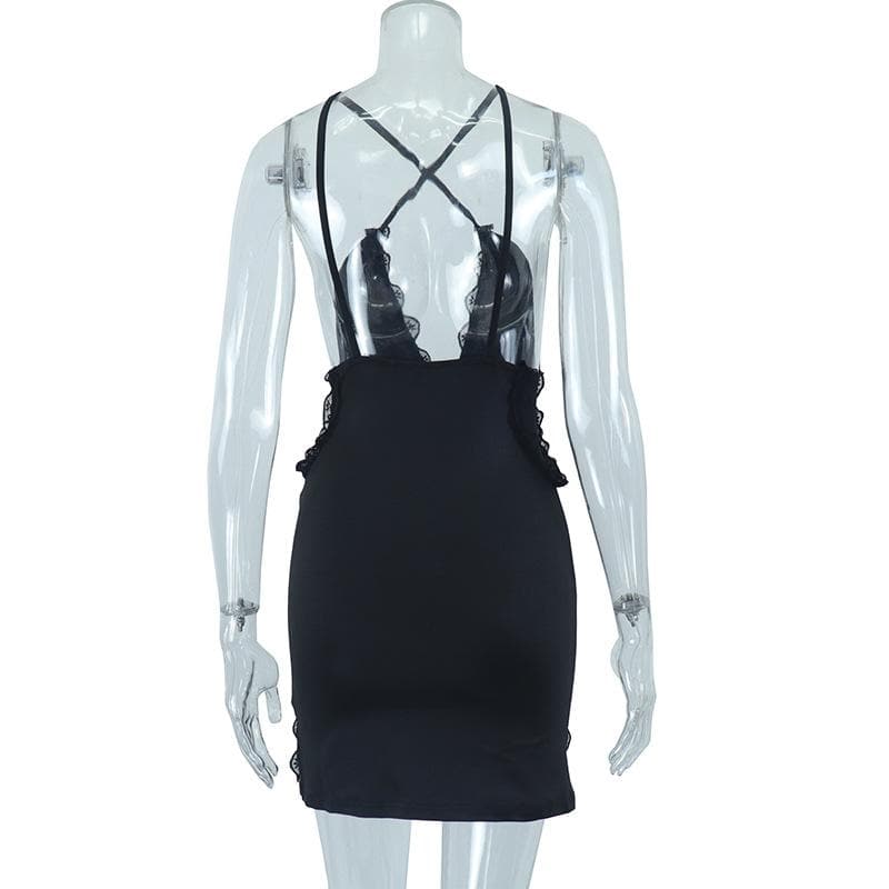 Deep v neck cross front lace hem backless cami mini dress