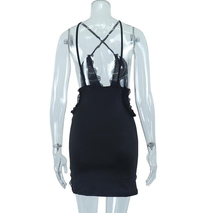 Deep v neck cross front lace hem backless cami mini dress
