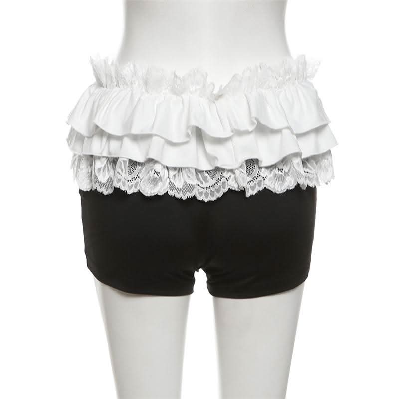 Lace hem ruched bowknot ribbon short pant