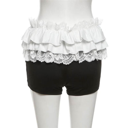 Lace hem ruched bowknot ribbon short pant