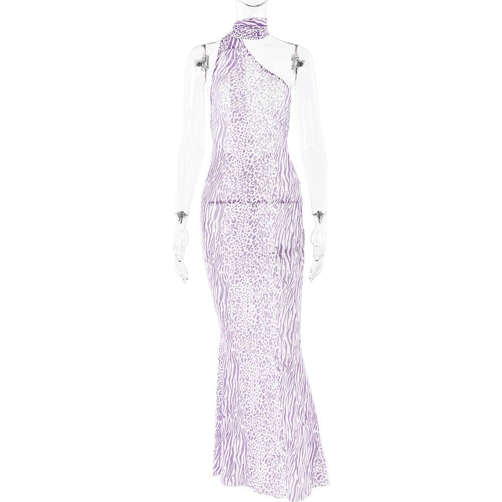 Halter one shoulder leopard print sheer mesh maxi dress