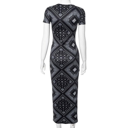 Short sleeve print crewneck midi dress