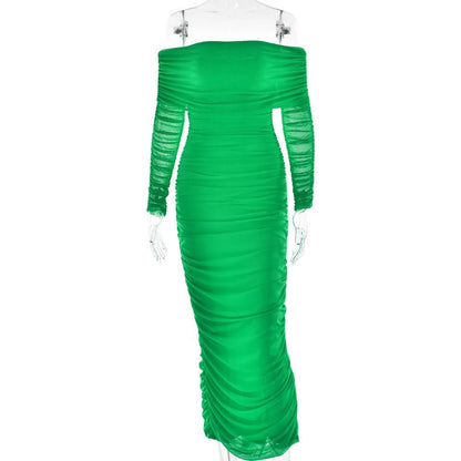 Off shoulder long sleeve slit mesh ruched maxi dress