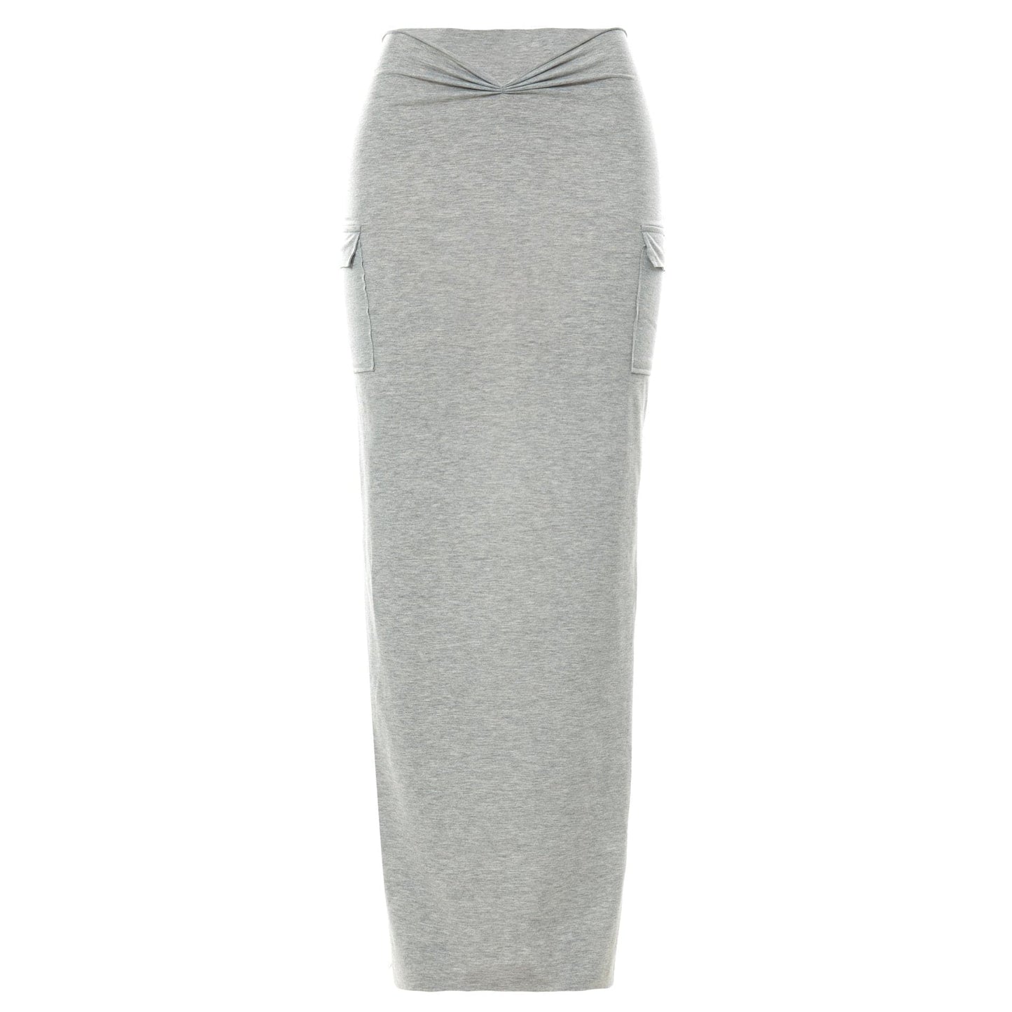 Ruched slit solid pocket high rise midi skirt