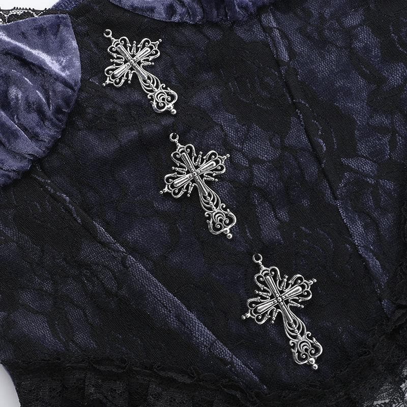 Metal cross lace velvet patchwork cami top