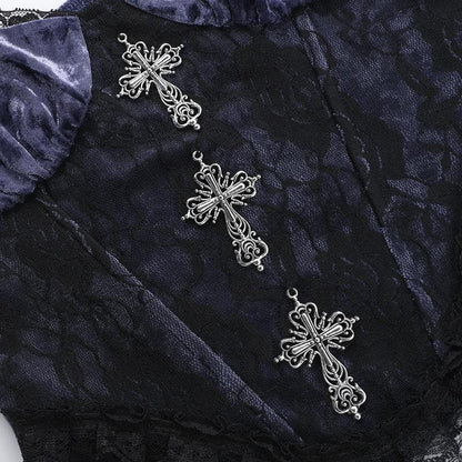 Metal cross lace velvet patchwork cami top