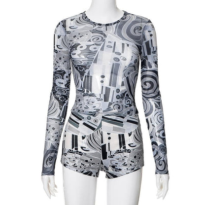 Long sleeve abstract mesh see through pant set