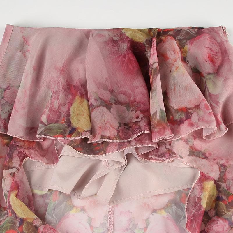 Chiffon flower print ruffle maxi skirt