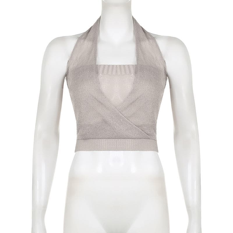 Halter knitted ribbed backless solid top