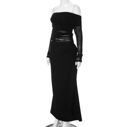 Off shoulder long sleeve mesh patchwork ruched hollow out maix dress