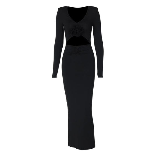 Long sleeve padded ruched flower applique hollow out cut out midi dress