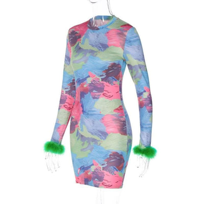 Feather crewneck contrast print long sleeve mini dress-final-sale