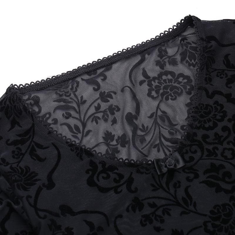 Long flared sleeve ruffle bowknot mesh see through bodysuit