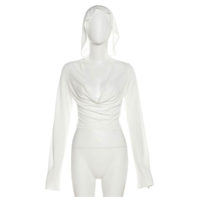 Long sleeve hoodie cowl neck solid crop top