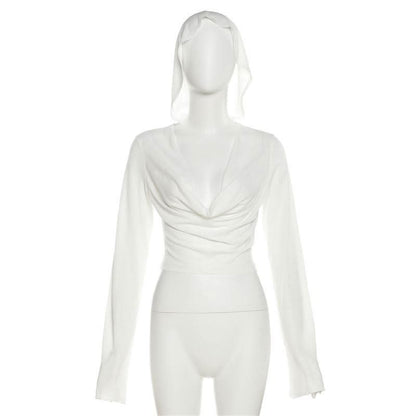 Long sleeve hoodie cowl neck solid crop top