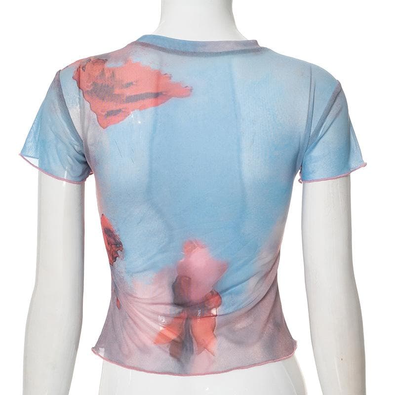 Crew neck short sleeve mesh rabbit print top