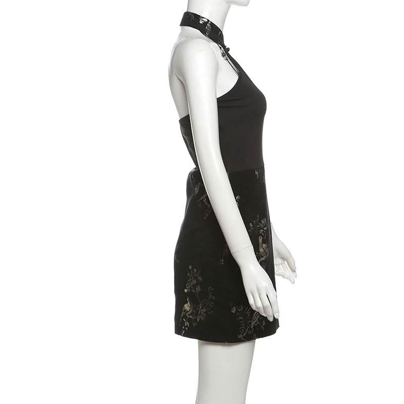 Halter print backless beaded button mini dress