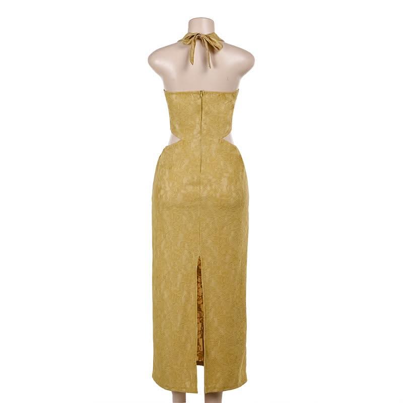 Halter self tie hollow out slit zip-up lace cut out maxi dress