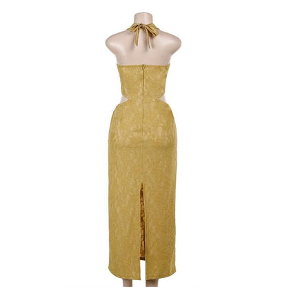 Halter self tie hollow out slit zip-up lace cut out maxi dress