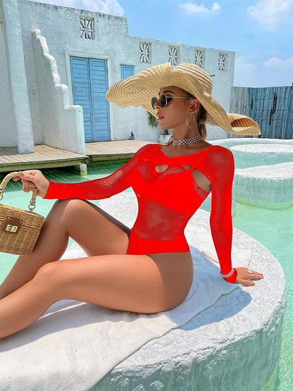 Long sleeve hollow out cross front net bodysuit