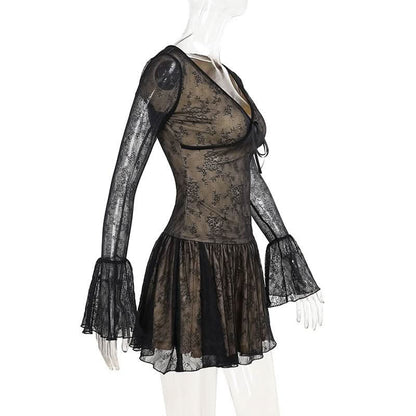 V neck long sleeve lace bowknot mini dress