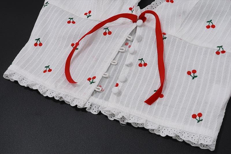 Halter fruit print button ruffle knotted textured top