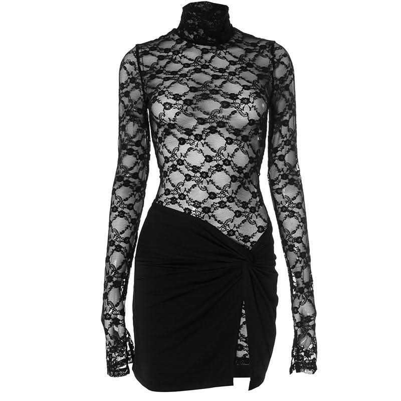 High neck long sleeve lace mini skirt set