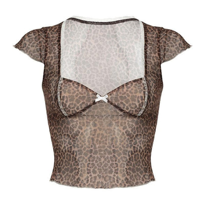 Leopard print short sleeve bowknot mesh top