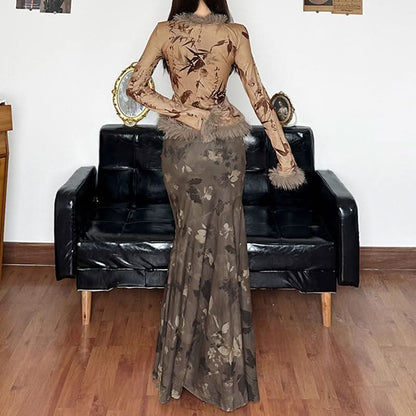 Ruched contrast print maxi skirt