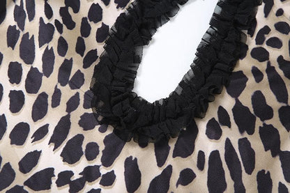 Halter deep v neck leopard print ruffle maxi dress