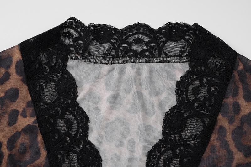 Long flared sleeve print lace hem button see through top