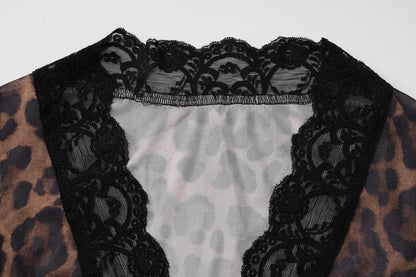 Long flared sleeve print lace hem button see through top
