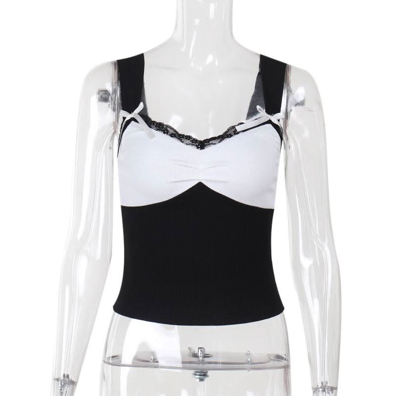 Bowknot v neck lace hem ribbed tank top