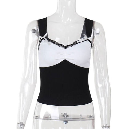 Bowknot v neck lace hem ribbed tank top