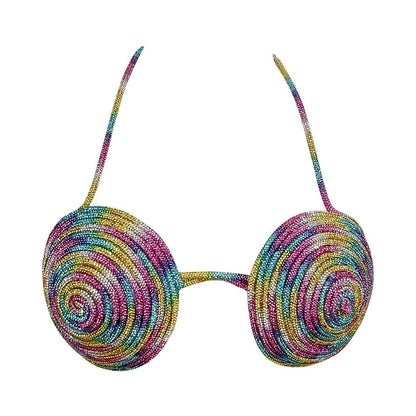 Halter beaded metal chain contrast bra top