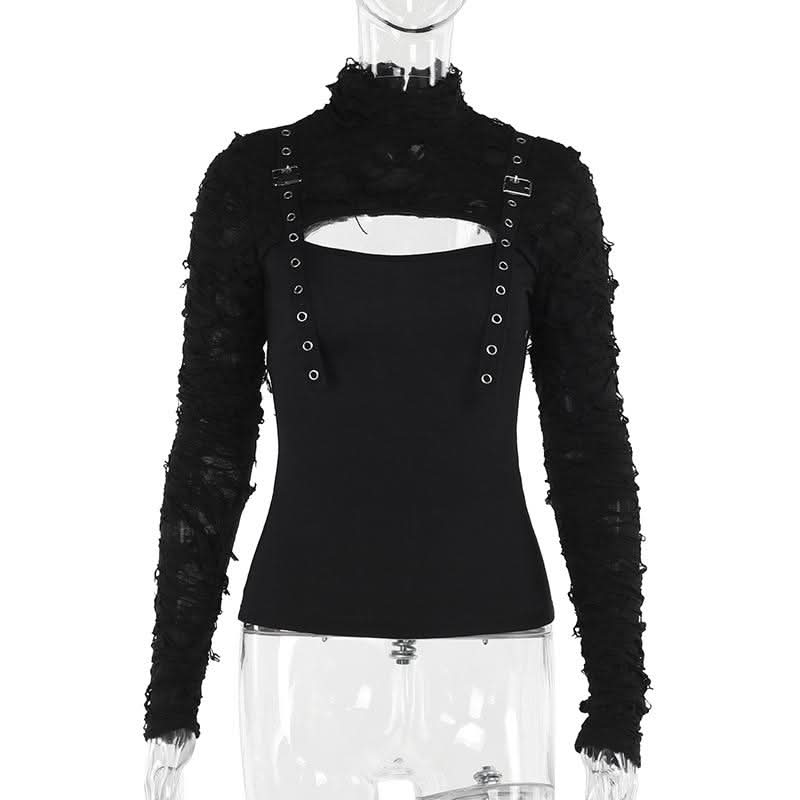 Long sleeve high neck hollow out buckle cut out top