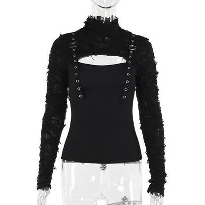 Long sleeve high neck hollow out buckle cut out top