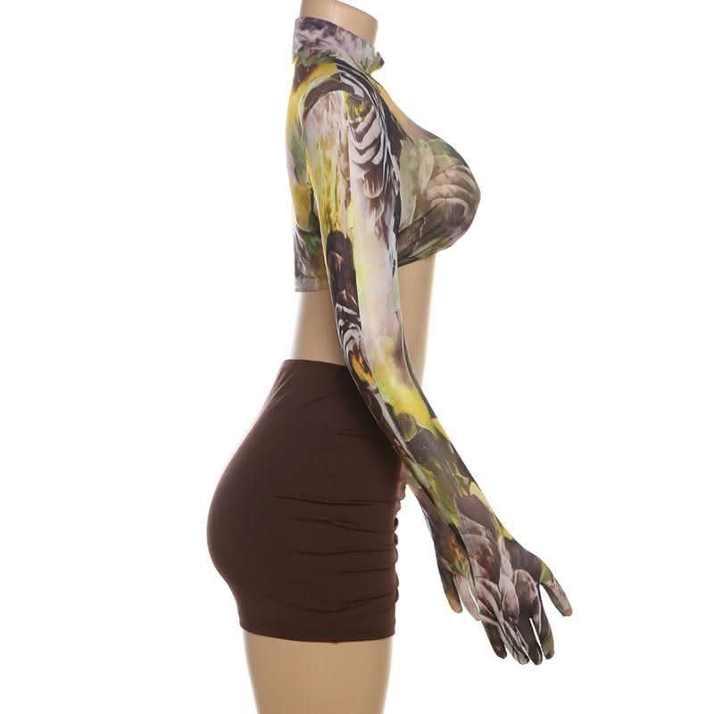 High neck long sleeve flower print crop mini skirt set