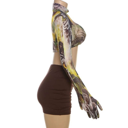 High neck long sleeve flower print crop mini skirt set