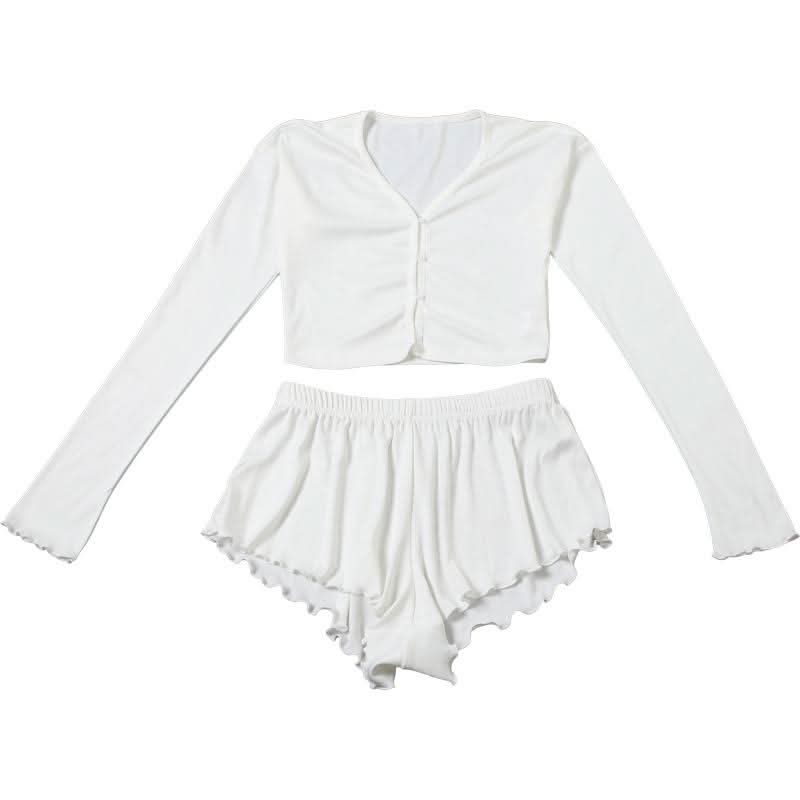 Long sleeve textured ruffle button short pant set