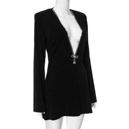 V neck long sleeve beaded mini dress