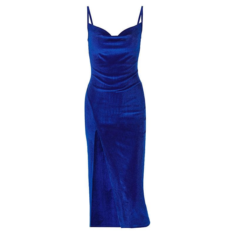 Spaghetti Strap Ruched Side Slit Velvet Bodycon Midi Dress