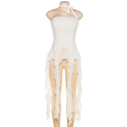 Ruffle mesh stitch self tie solid backless tube top