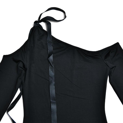 Self tie irregular one shoulder long sleeve solid mini dress